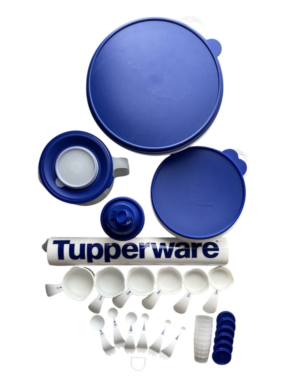 Vintage Tupperware 1990’s bowls, shaker, measuring cups & spoons, midgets, mat